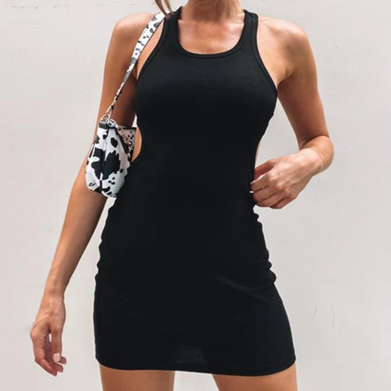 

Solid Streetwear Knitted Dress Party Night Club Tight Sleeveless Fashion Women Dresses Sexy Vest Hollow Out Short Dress