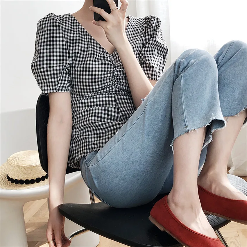 

Новая женская блузка с V-образным вырезом, рубашка, Женская Классическая клетчатая футболка с коротким рукавом, женские хлопковые рубашки, б...