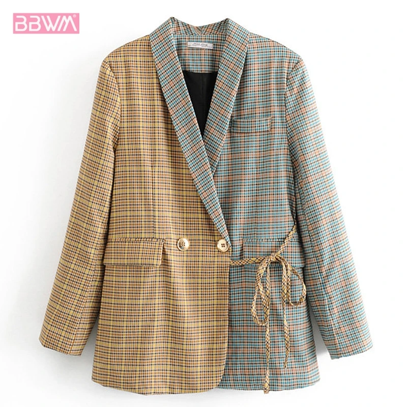 Женская клетчатая куртка с отложным воротником и длинным рукавом осень 2019 |