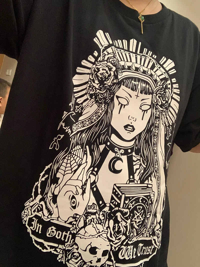 

PUDO In Goth We Trust Ms. Witch Short Sleeve Large Size Street Ins Loose Bag Hip Sexy Gothic Style Punk Loose T shirt Dress
