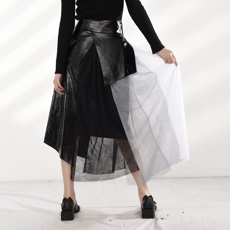 

[EAM] High Elastic Waist Pu Leather Irregular Long Mesh Half-body Skirt Women Fashion Tide New Spring Autumn 2021 1DD150001
