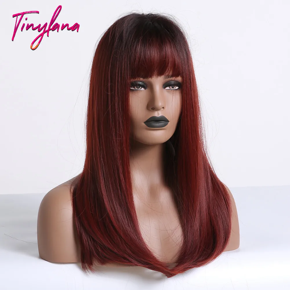 Крошечные Синтетические длинные прямые парики Лана с челкой Омбре коричневые