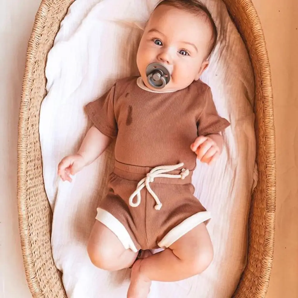 2020 New Summer Solid Color Pit Strip Fabric 9 Colors Optional Short-Sleeved Shirt Shorts Suit Boy Girl Baby Clothes + Pants | Детская