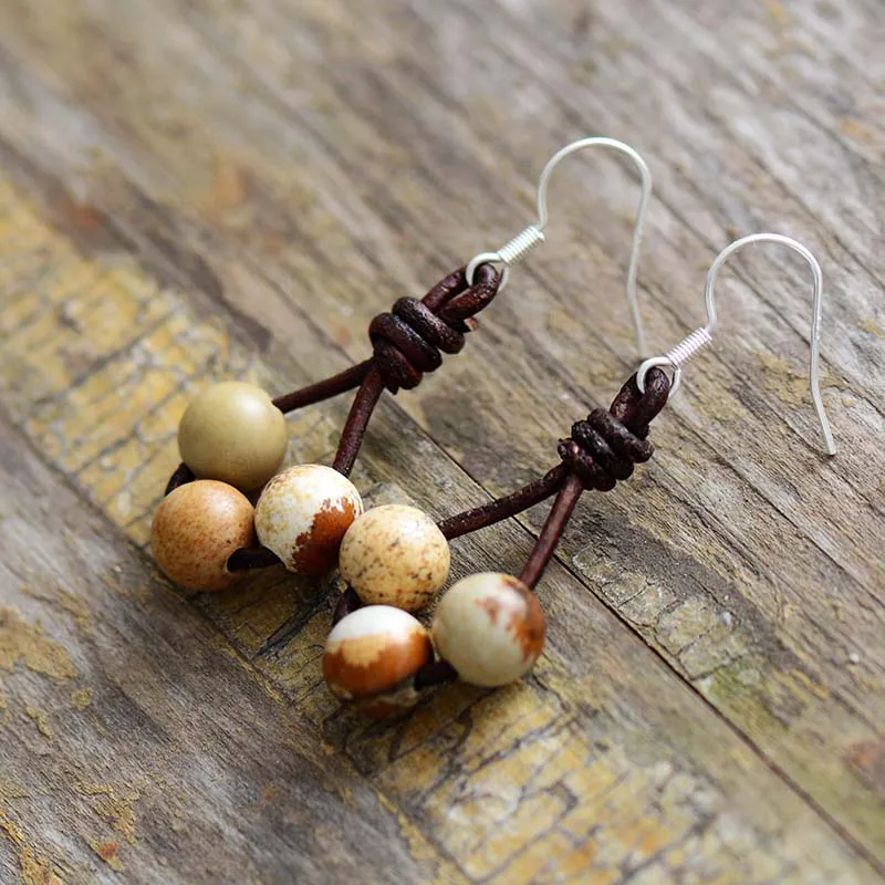 Женские серьги с натуральными камнями винтажные кожаные висячие дизайнерские