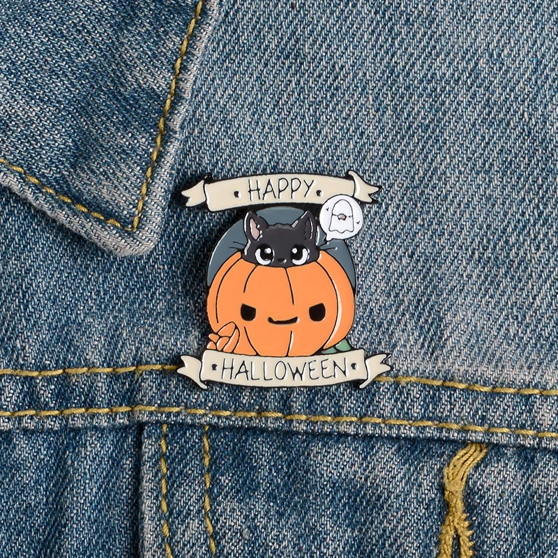 Хэллоуин Тыква булавки и надписью &quotHappy Halloween&quot брошь для вечеринки черного кота