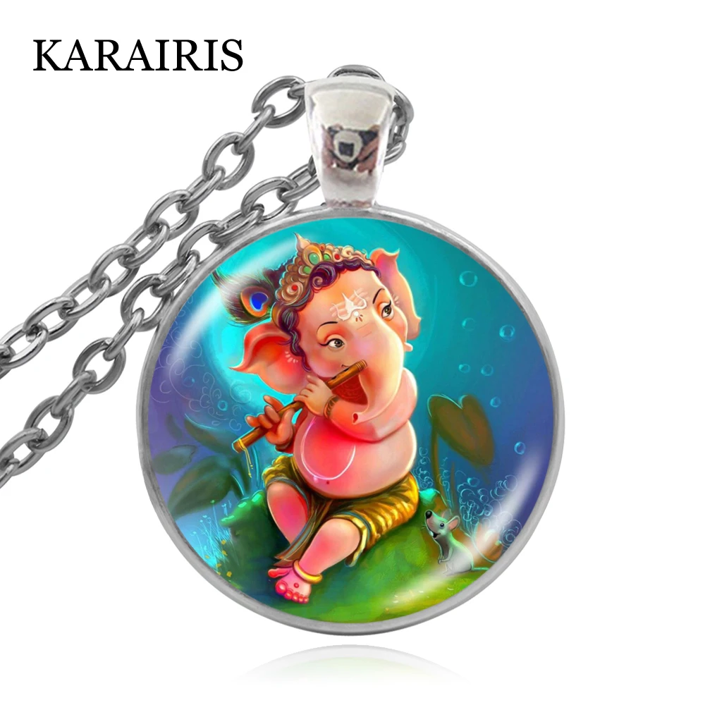 

KARAIRIS Charm Indian Elephant God Ganesh Necklace 25MM Glass Dome Cabochon Making Pendant Jewelry Necklace Amulet Family Gift