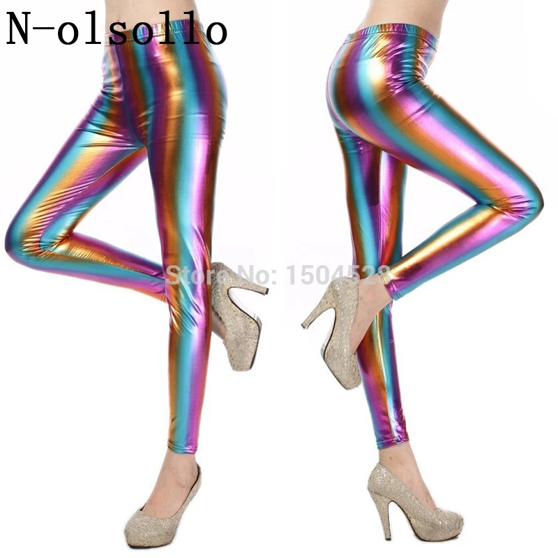 2016 леггинсы из искусственной кожи в цветную полоску соблазнительные облегающие
