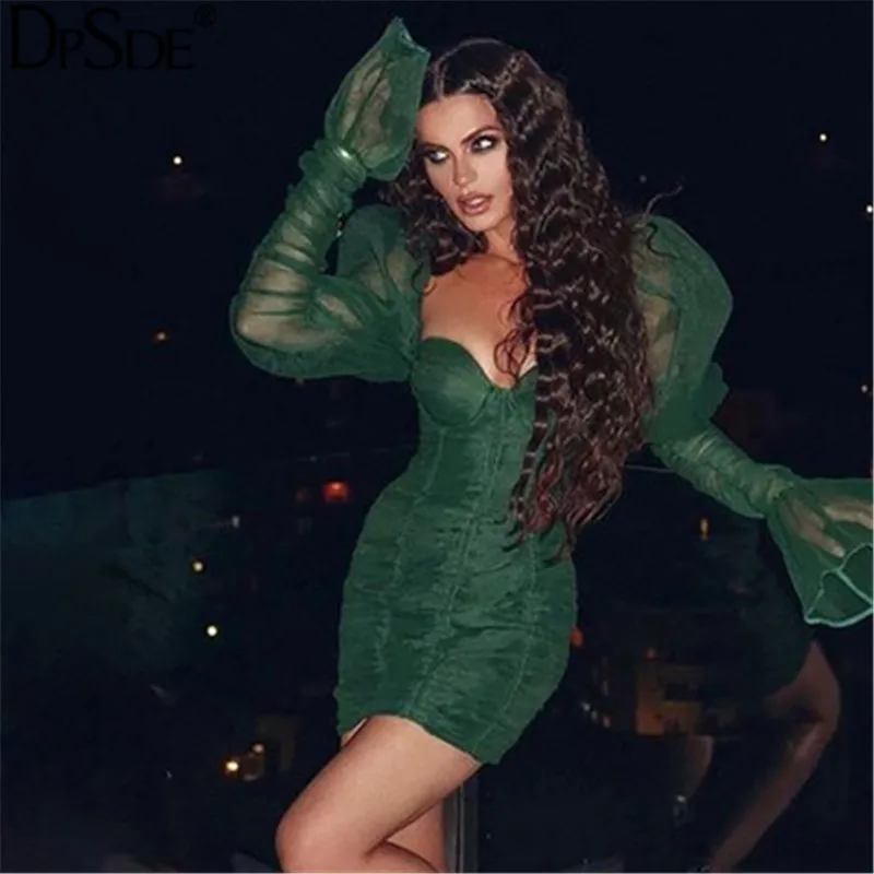 DPSDE зеленое сексуальное Бандажное женское платье с длинным рукавом квадратным