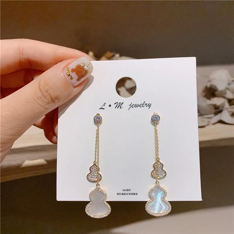 

JP25 S925 Silver Needles Gourd Drop Earrings High-End Tide Full of Cubic Zirconia Earring Small Gourd Long Jewelry Accessories