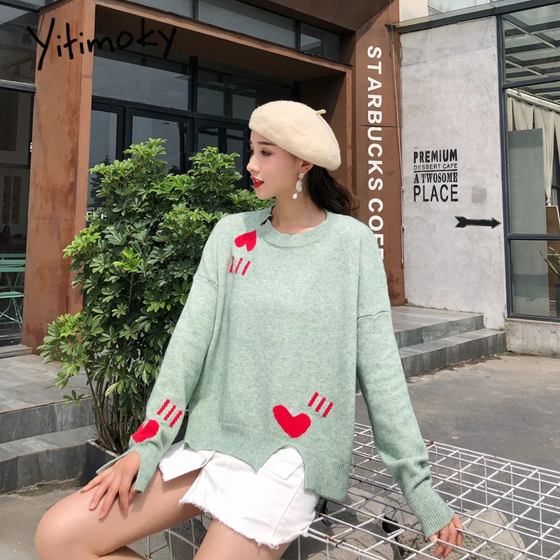 Женские Свитера s 2019 зима сердце вышивка длинный рукав топ с прорезями осенние
