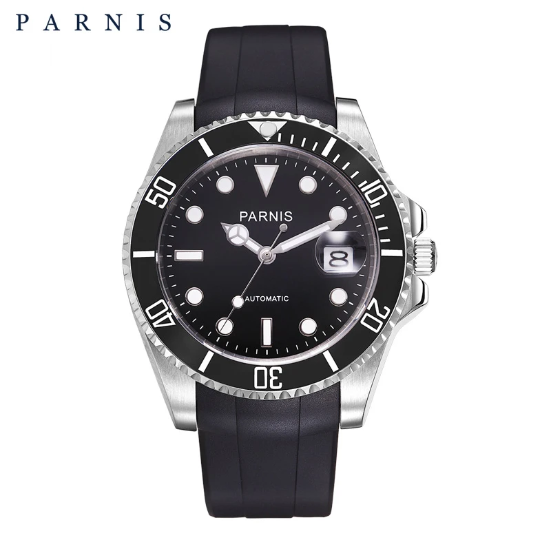 Мужские механические часы с автоподзаводом Parnis черные 40 мм календарем резиновым