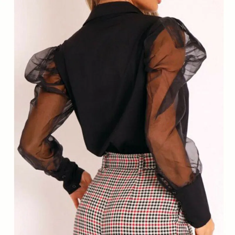 

Women Sexy Mesh Puff Long Sleeve Blouse Sheer Tee Slim Fit Casual Turn-down Collar Single Breasted Shirt
