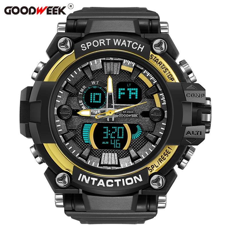 gold GOODWEEK мужские спортивные часы водонепроницаемые цифровые кварцевые часы мужские военные часы с двойным дисплеем для плавания Relogios Masculino - Цвет: gold