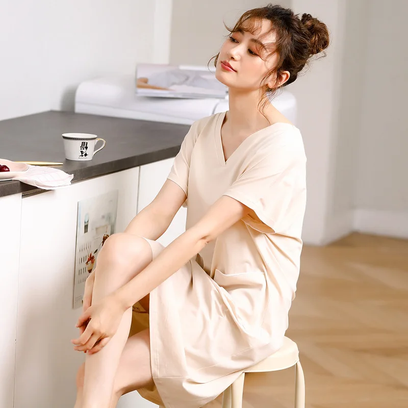 Solid Color Nightdress Women's Summer V-neck Short Sleeve Cotton Mid Length Nightdress Loose Women's All Cotton Home Wear