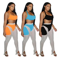 fitness women 2 piece set neon crop tank top high waist stitching leggings sexy sheer mesh night club party outfits tracksuits