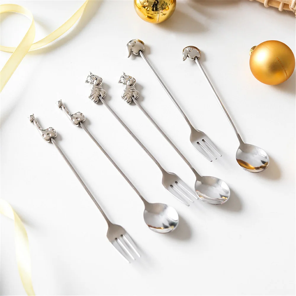

4/6pcs Fork Spoon With Gift Box Stainless Steel Animal Shap Coffee Spoon Ice Cream Soup Sugar Dessert Fruit Fork Mixing Stirrer