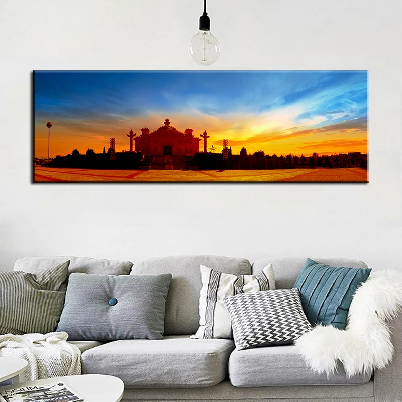 

HD Print Natural Sunset Bulding Posters and Prints Canvas Painting Realist Landscape Wall Art Canvas Pictures for Living Room