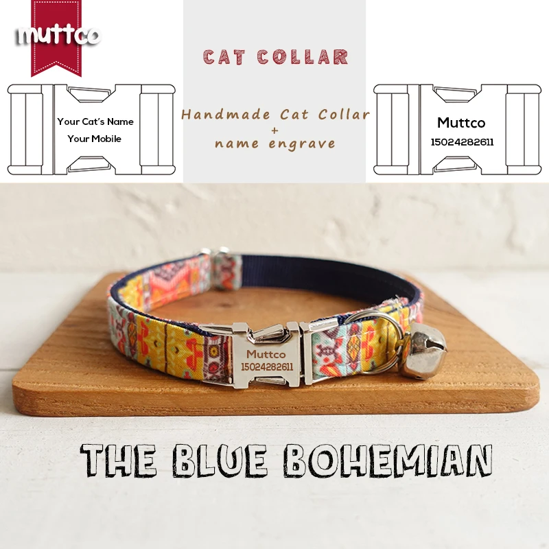

MUTTCO retailing handmade engraved metal buckle cat collar THE BLUE BOHEMIAN custom name cat collars and leashes 2 sizes UCC054