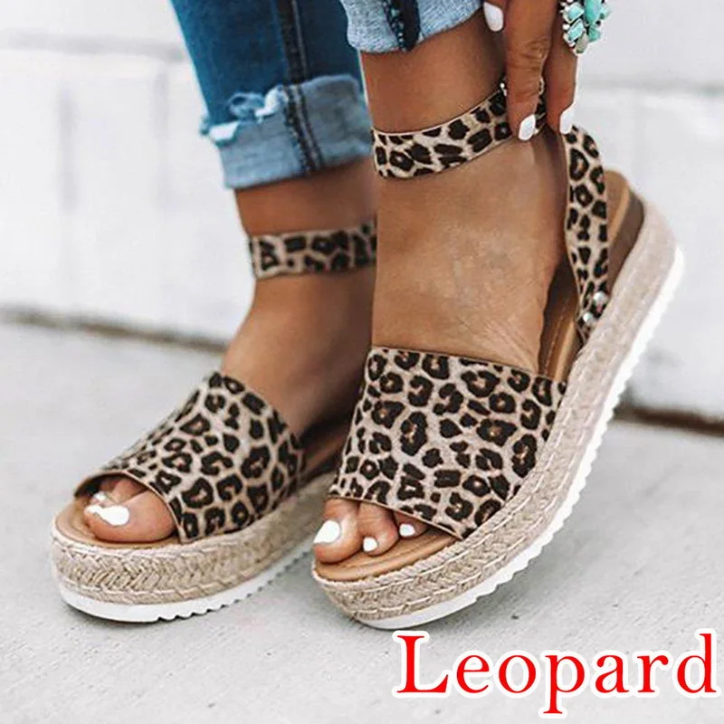 leopard WENYUJH Брендовые женские босоножки обувь модные сандалии-гладиаторы с открытым носком Туфли-лодочки до щиколотки соломы толстая подошва обувь со вставками из кожи, имитирующей фактуру змеиной кожи римские сандалии chaussures; большие размеры - Цвет: leopard