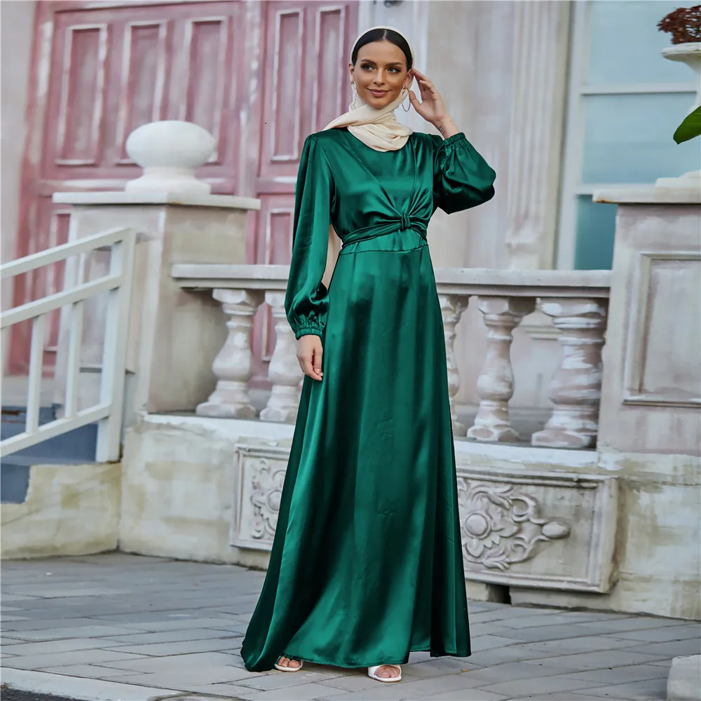 

Ramadan Silk Muslim Dress Abayas Women Dubai Fashion Islam Clothing Robe Longue Femme Musulmane Vestidos Largos With Belt F2929w