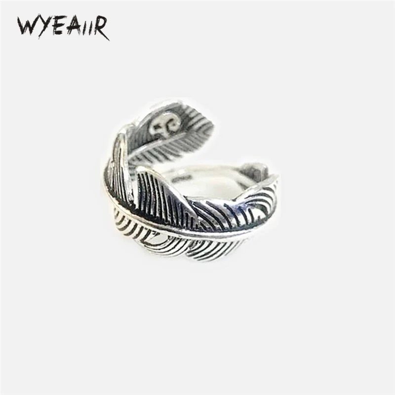 

WYEAIIR Retro Trend Thai Silver Feather Creative Personality 925 Sterling Silver Female Resizable Opening Rings
