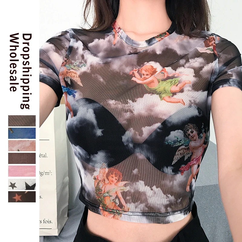 Футболка женская прозрачная сетчатая пикантный топ с коротким рукавом