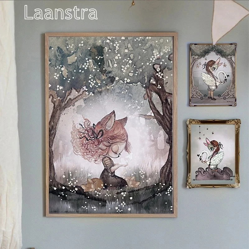 

Scandinavian Watercolour Rabbit Boy and Girls Cartoon Angel Canvas Decoration Painting Art Poster Kids Baby Nursery Room Wall