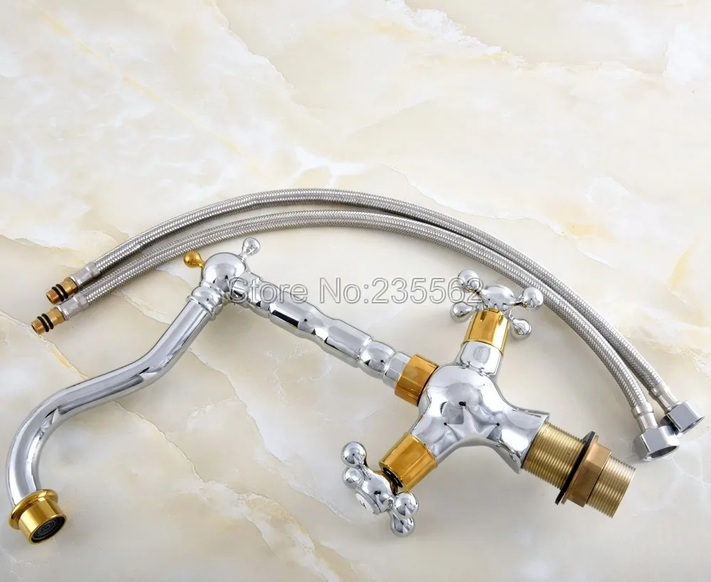 

Chrome & Gold Brass Deck Mounted Kitchen Bathroom Sink Faucet Swivel Spout Mixer Tap Dual Cross Handles Lsf812