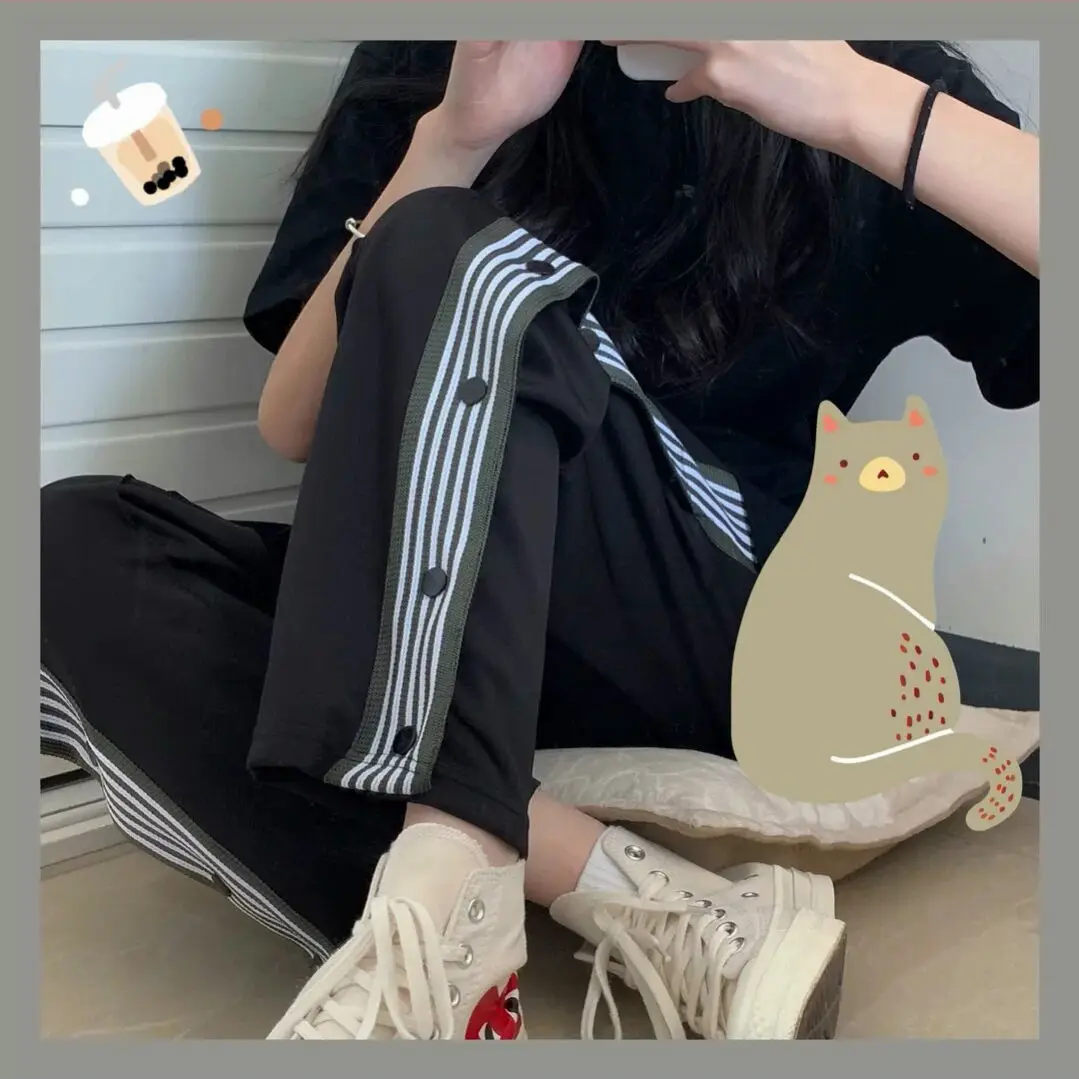 

Pants Women Harajuku Butterfly-embroidery Chic Side-stripe Design Couples Trousers Workout Fashion BF Daily Teens Streetwear New