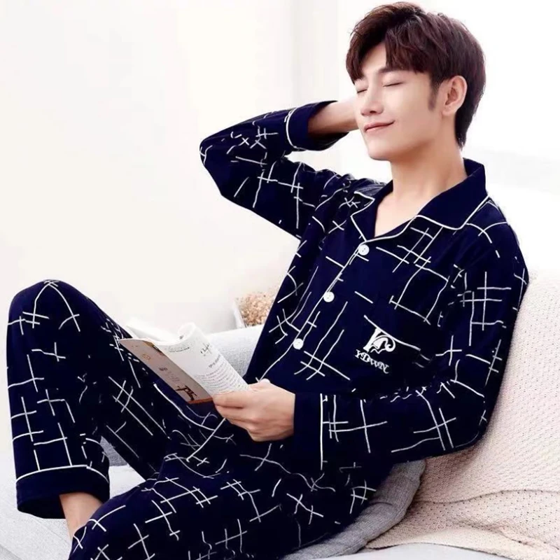

2021 Summer Casual Striped Cotton Pajama Sets for Men Short Sleeve Long Pants Sleepwear Pyjama Male Homewear Lounge Wear Clothes