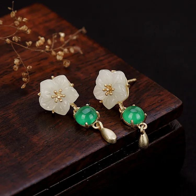 Реальные 925 серебро зеленым халцедоном белого нефрита естественные каменные