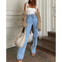 women jeans high waist loose straight pants 2021 fashion solid color wide leg trousers vintage quality straight pants mom jeans