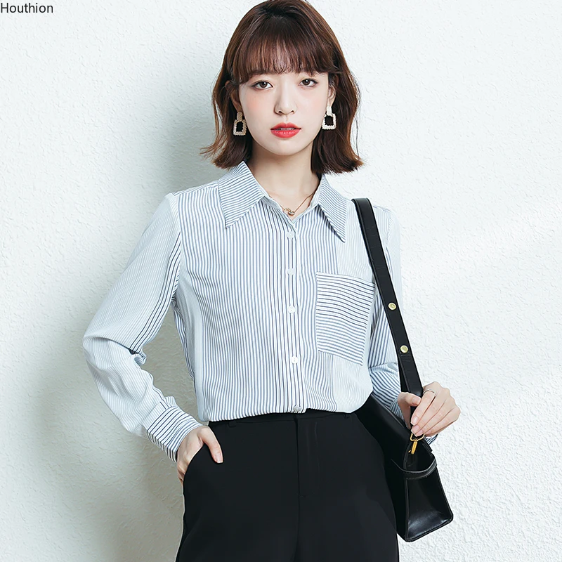 

Autumn New Women's Blouses Polo Shirt Long Sleeve Top Stitching Blouse Stripe Chiffon Pocket Casual Fashion Loose
