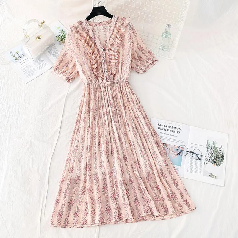 Женское плиссированное платье с v образным вырезом шифоновое повседневное