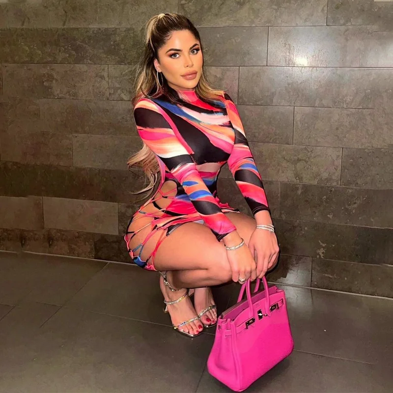 

Zoctuo Print Women's dress Long Sleeve O Neck Hollow Out Mini Dress Bodycon Sexy Streetwear Party Club 2021 Autumn Winter Y2K