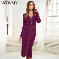 wywmy autumn winter women long knit dress long sleeve slim fit v neck single breasted knitted sweater dresses for women 2022 new