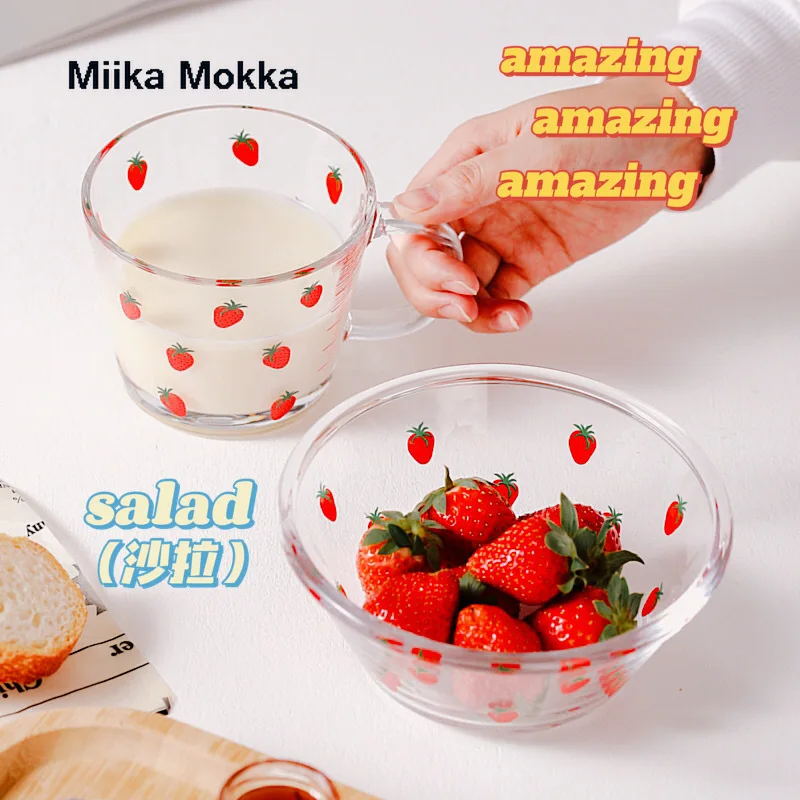 Cute Fruit Salad Bowl Transparent Glass Tableware 900ml Large Capacity Cartoon Strawberry Soup Dessert Snack Foods | Дом и сад