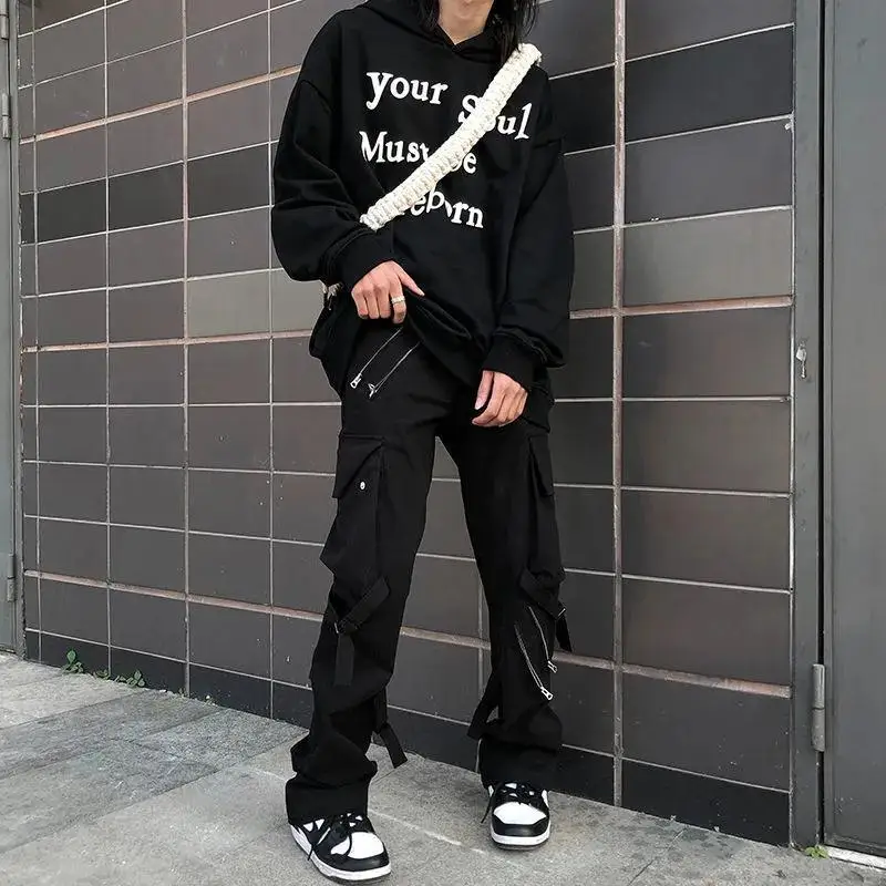 Брюки карго HOUZHOU мужские в стиле хип хоп модные штаны на молнии панк черные брюки