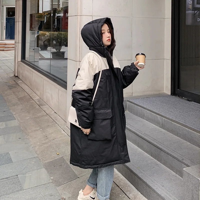 

length medium cotton padded women's over the knee color matching tooling school to overcome cotton padded coat women