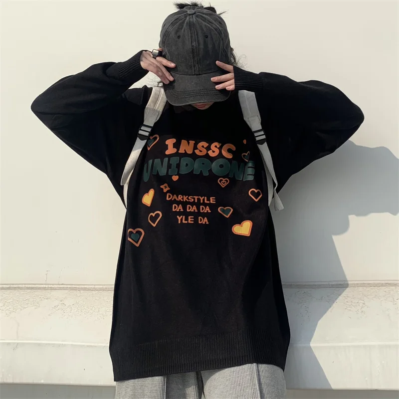 

Y2k Модный японский женский свитер Harajuku Новая зимняя Корейская уличная одежда с длинным рукавом с буквенным принтом вязаный Повседневный Же...