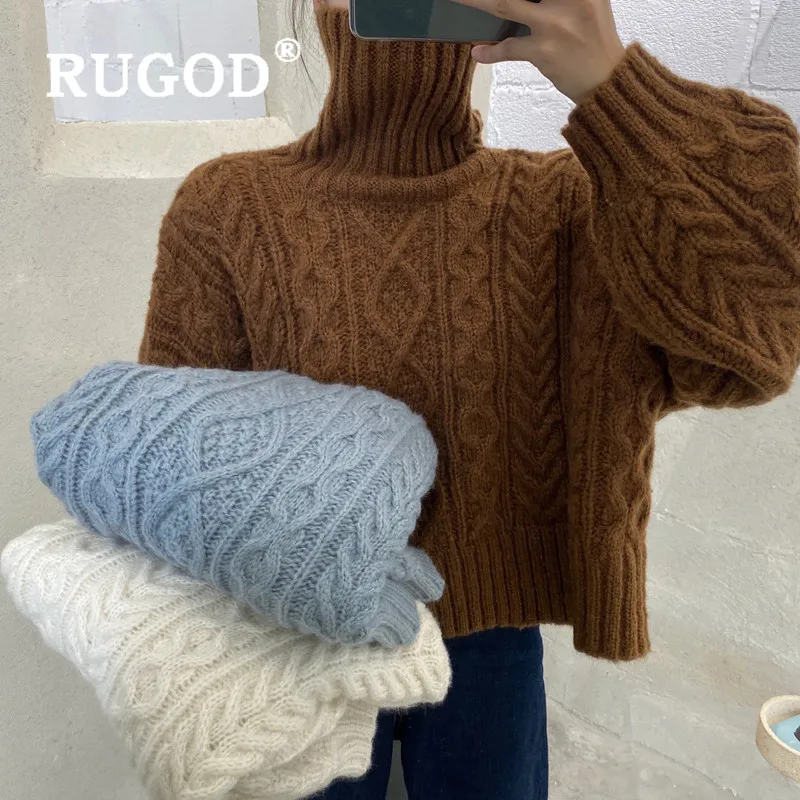 RUGOD Turtleneck Knitted Sweater Twist Pattern Pullover Solid Jumper Winter Tops For Women Knitwear Loose Korean Style Fashion | Женская