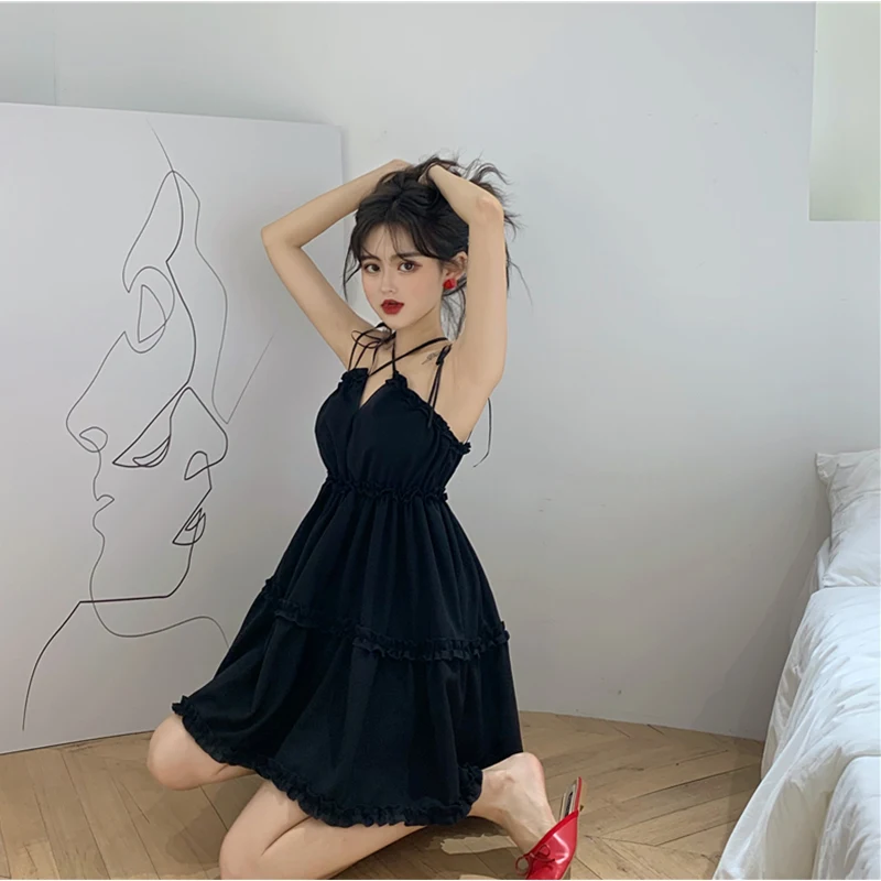 Женское платье с открытыми плечами готическое черное Плиссированное мини на