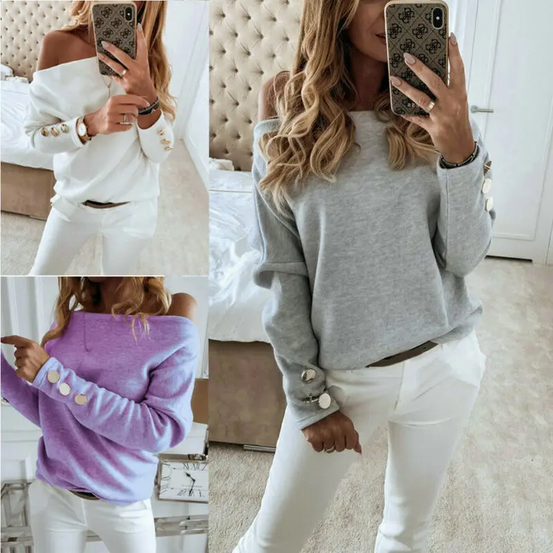 Женская футболка с длинным рукавом однотонный Свободный джемпер v образным