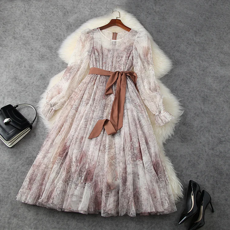 European and American women's clothing  New styles for spring 2021  Long sleeved net printing  lace-up  Fashion dress