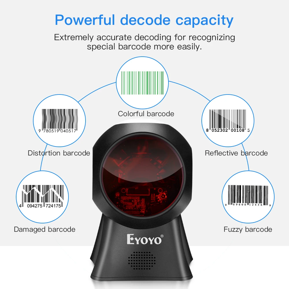 Сканер штрих кода Eyoyo для настольного ПК 1D/2D всенаправленный USB проводной