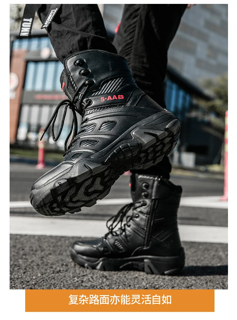 Boots Men Boots Leather Ankle Lace up Military boots Outdoor work Light fashion Moto Black Boots