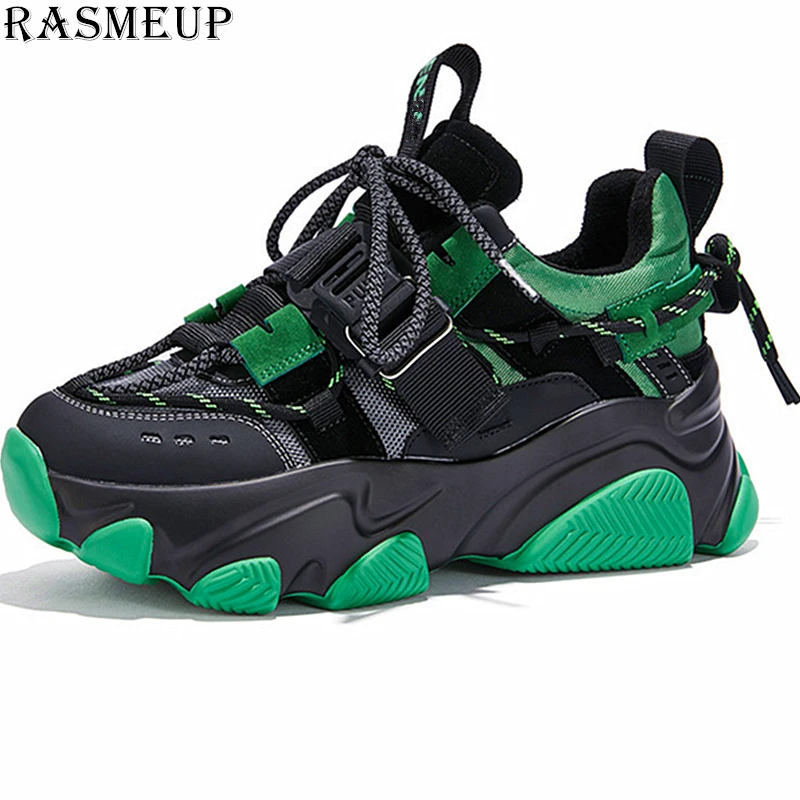 RASMEUP Genuine leather Mesh Women's Chunky Sneakers Fashion Brand Style Women Platform Shoes Casual Trainers Lady Footwear