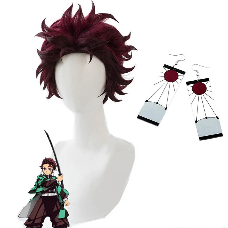 

Парик для косплея камадо танджиро из аниме «рассекающий демонов», термостойкий, короткий, каштановый, коричневый, с кольцами на уши, Хэллоуи...