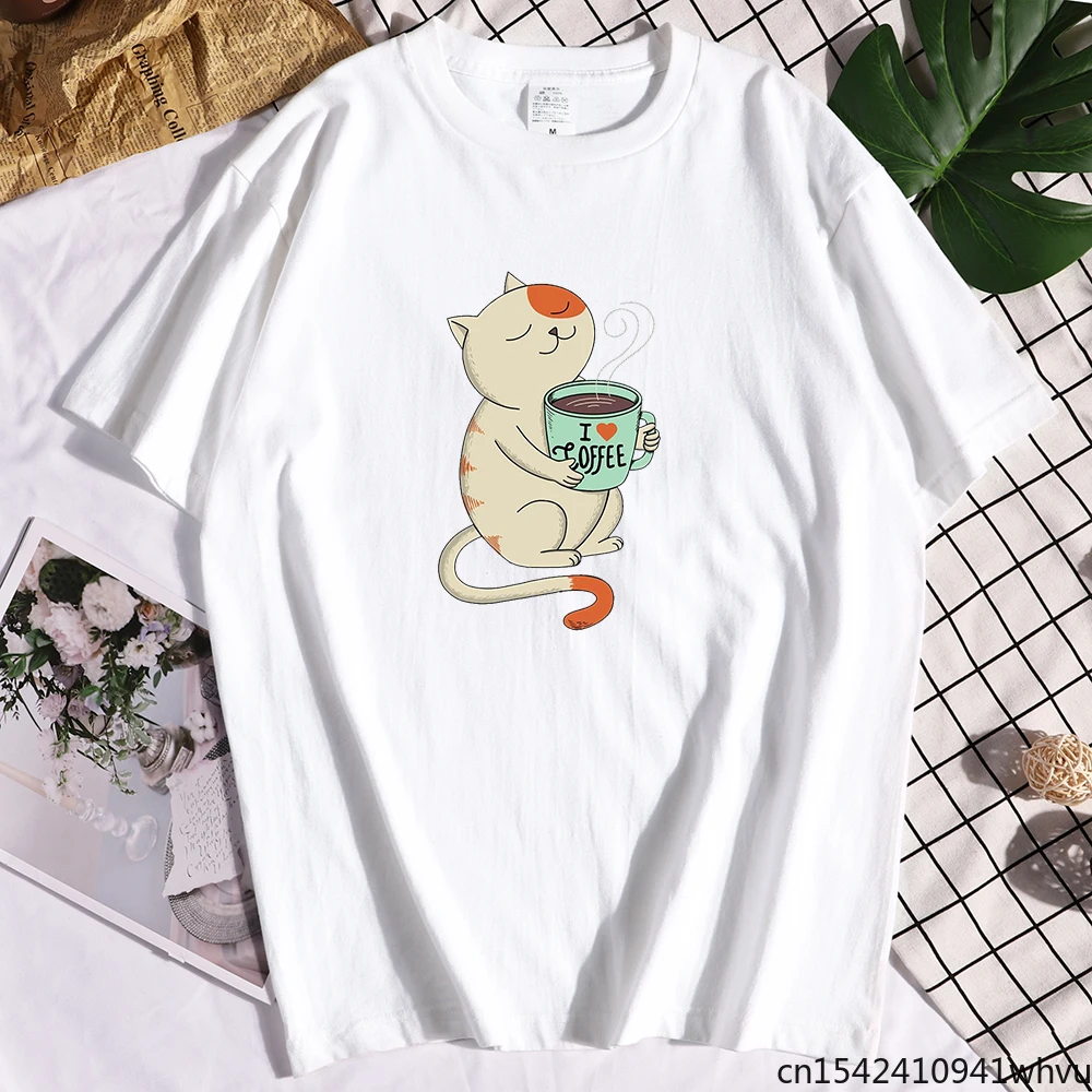 

I Love Coffee Orange Cat Simplicity Print Women T Shirts Fashion O-neck Top Street
