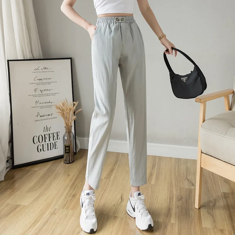 

Women Harajuku Thin Ankle Length Trousers 2021 Spring Summer Solid Elastic Waist Cotton Linen Harem Pants Pantalon Femme